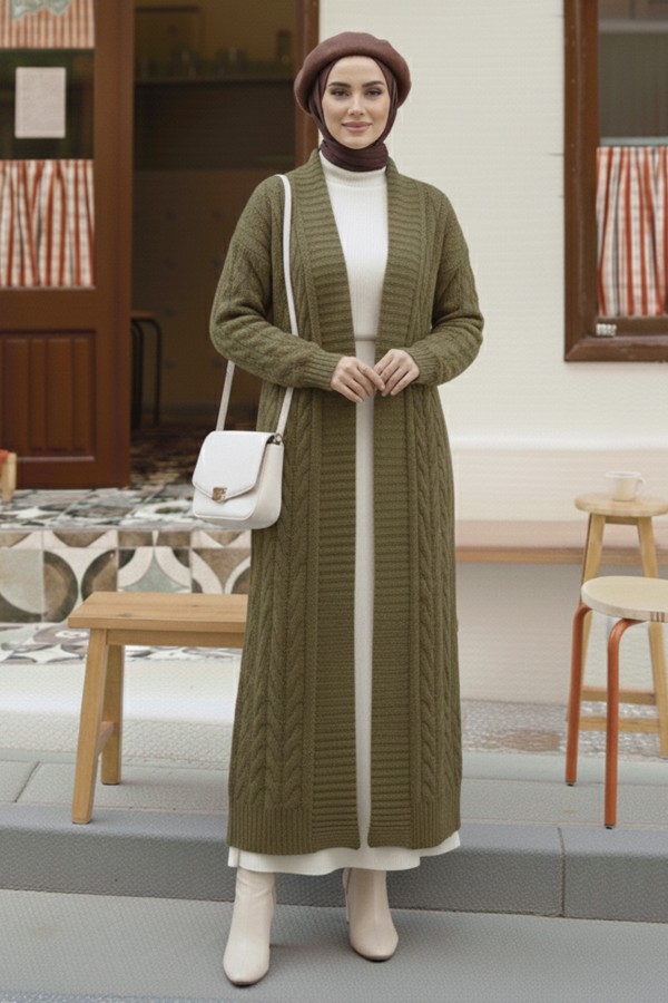 Örgü Desenli Uzun Triko Hırka R4251 Haki Örgü Desenli Uzun Triko Hırka R4251 Haki