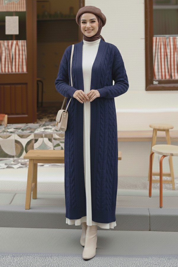 Örgü Desenli Uzun Triko Hırka R4251 İndigo Örgü Desenli Uzun Triko Hırka R4251 İndigo