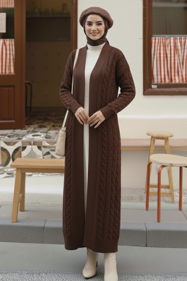 Örgü Desenli Uzun Triko Hırka R4251 Kahverengi Örgü Desenli Uzun Triko Hırka R4251 Kahverengi