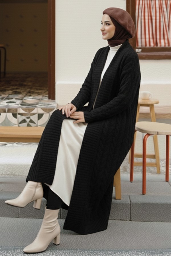 Örgü Desenli Uzun Triko Hırka R4251 Siyah