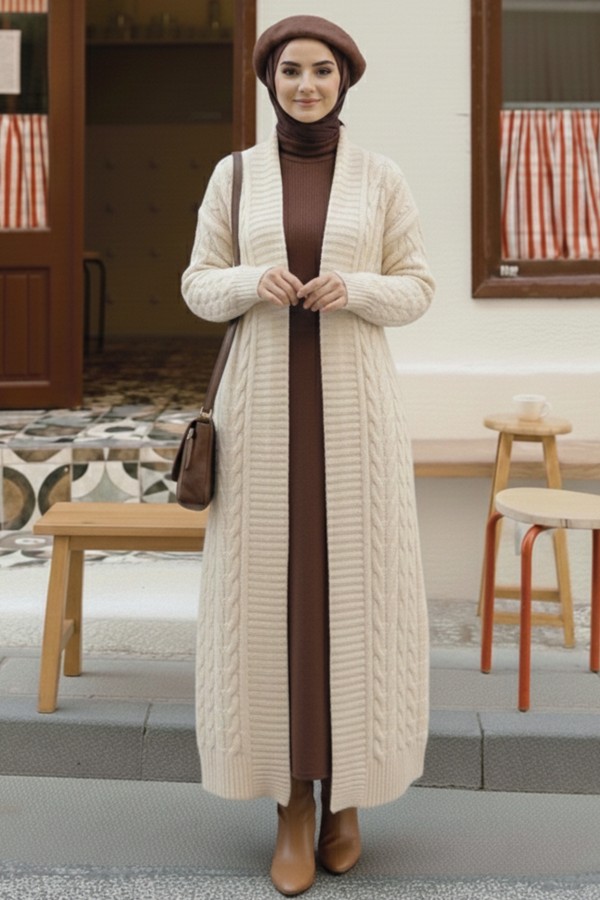 Örgü Desenli Uzun Triko Hırka R4251 Taş Rengi Örgü Desenli Uzun Triko Hırka R4251 Taş Rengi