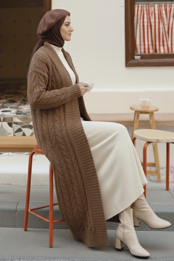 Örgü Desenli Uzun Triko Hırka R4251 Vizon Örgü Desenli Uzun Triko Hırka R4251 Vizon