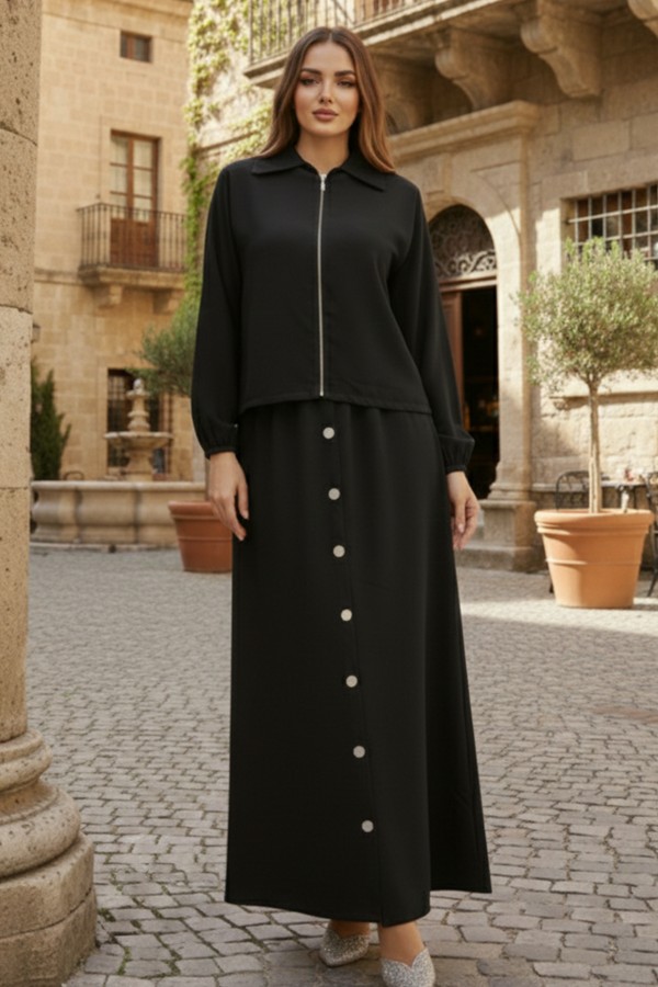 Fermuar Ceketli Elbise Takım Siyah 4807