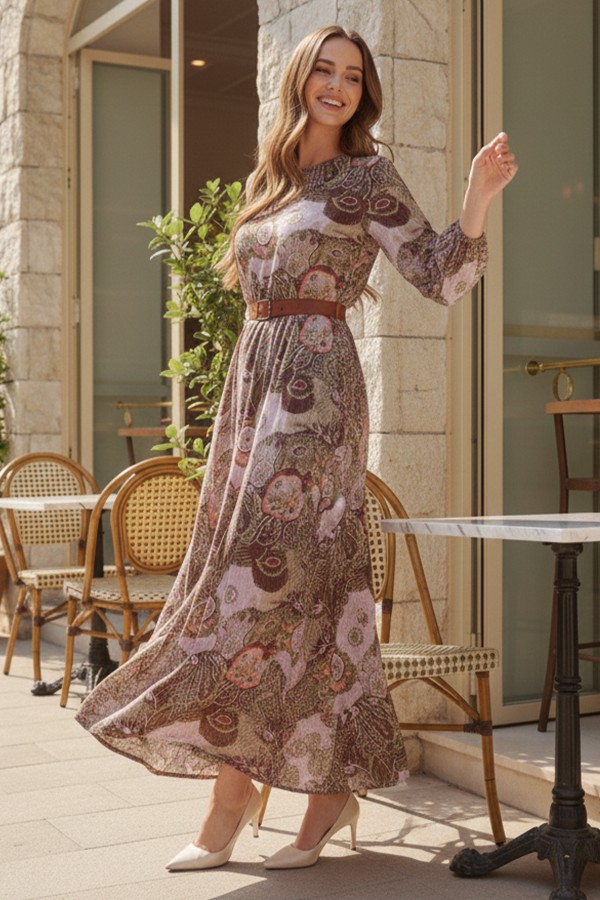 Desenli Kemerli Elbise Haki 4830 Desenli Kemerli Elbise Haki 4830