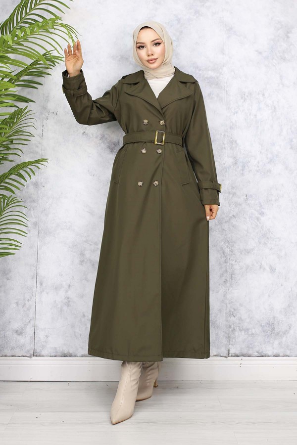  Kuşaklı Tesettür Trençkot Haki 4951