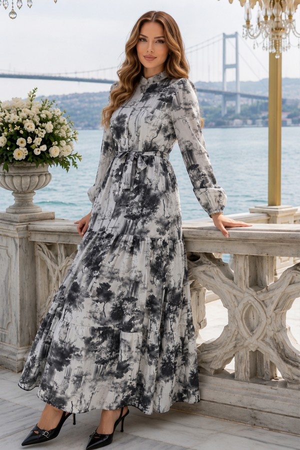 Desenli Tesettür Elbise Gri 510