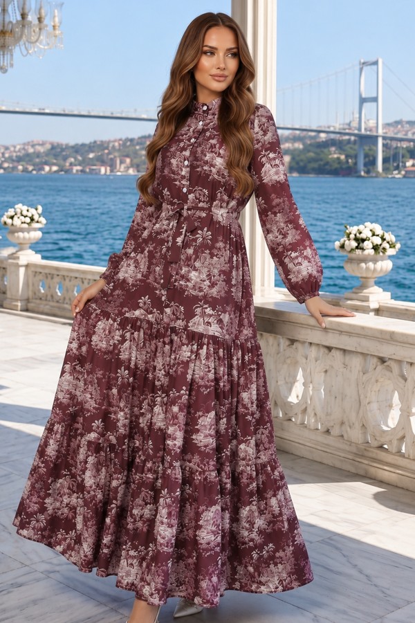 Desenli Tesettür Elbise Koyu Mor 556 Desenli Tesettür Elbise Koyu Mor 556