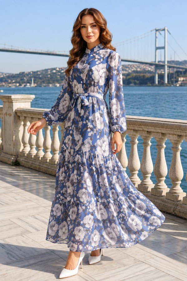 Desenli Tesettür Elbise Lacivert 576 Desenli Tesettür Elbise Lacivert 576