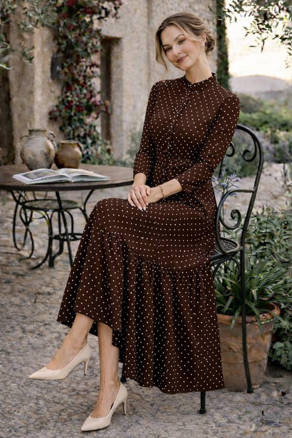 Puantiye Desenli Tesettür Elbise 586 Kahverengi