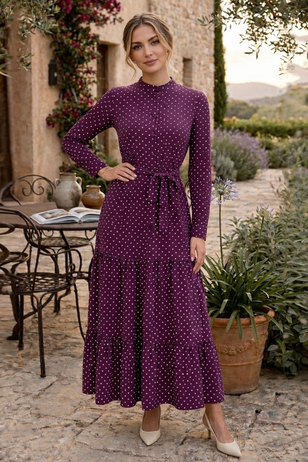 Puantiye Desenli Tesettür Elbise 586 Mor Puantiye Desenli Tesettür Elbise 586 Mor