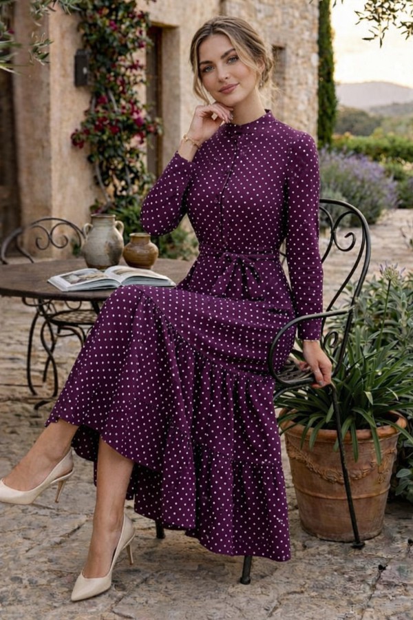 Puantiye Desenli Tesettür Elbise 586 Mor