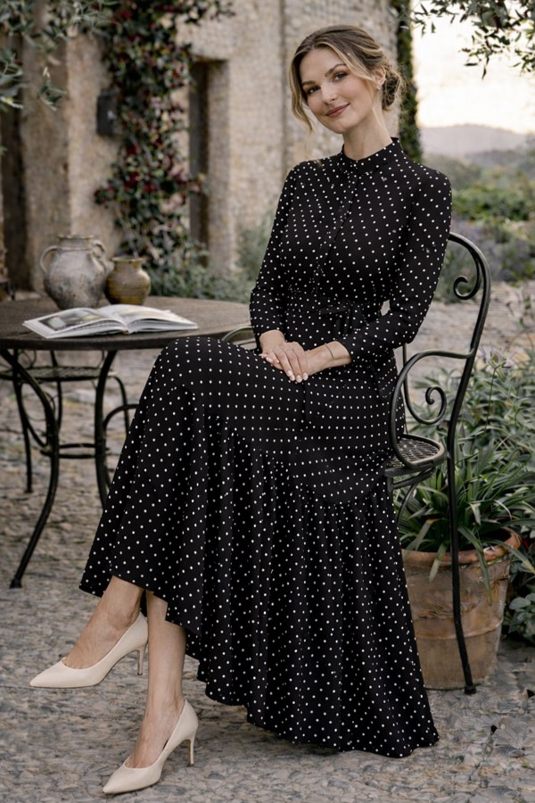 Puantiye Desenli Tesettür Elbise 586 Siyah