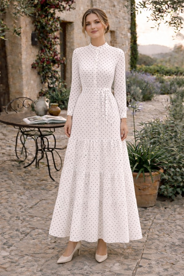 Puantiye Desenli Tesettür Elbise 586 Beyaz Puantiye Desenli Tesettür Elbise 586 Beyaz