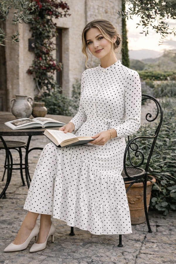 Puantiye Desenli Tesettür Elbise 586 Beyaz