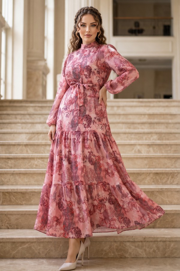 Desenli Tesettür Jessica Elbise B588 Pembe Desenli Tesettür Jessica Elbise B588 Pembe