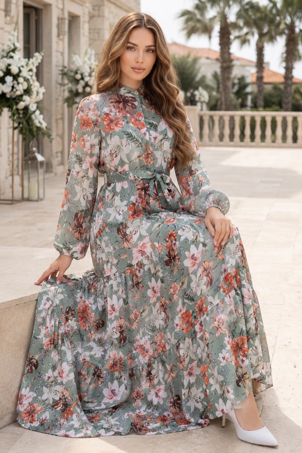 Desenli Tesettür Jessica Elbise B590 Yeşil Desenli Tesettür Jessica Elbise B590 Yeşil