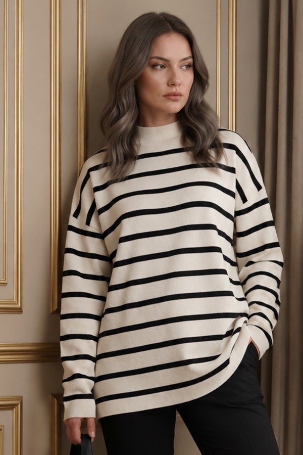 Çizgili Triko Tunik R6038 Taş Rengi Çizgili Triko Tunik R6038 Taş Rengi