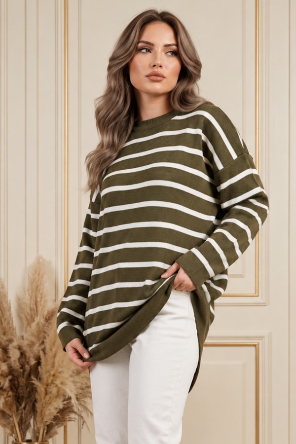 Çizgili Triko Tunik R6038 Haki Çizgili Triko Tunik R6038 Haki