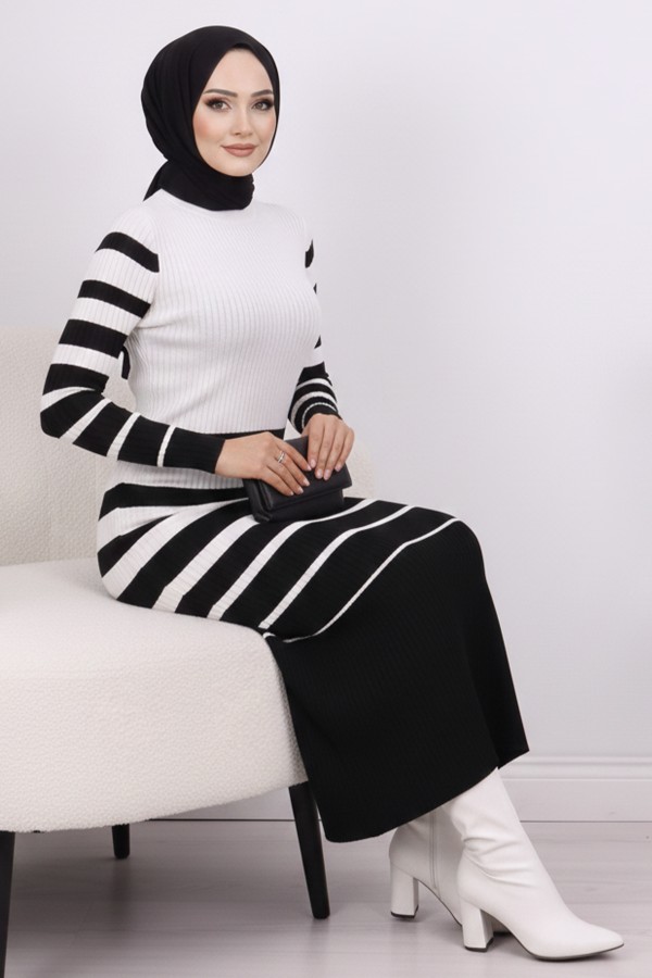  Balıkçı Yaka Triko Elbise Ekru 6041