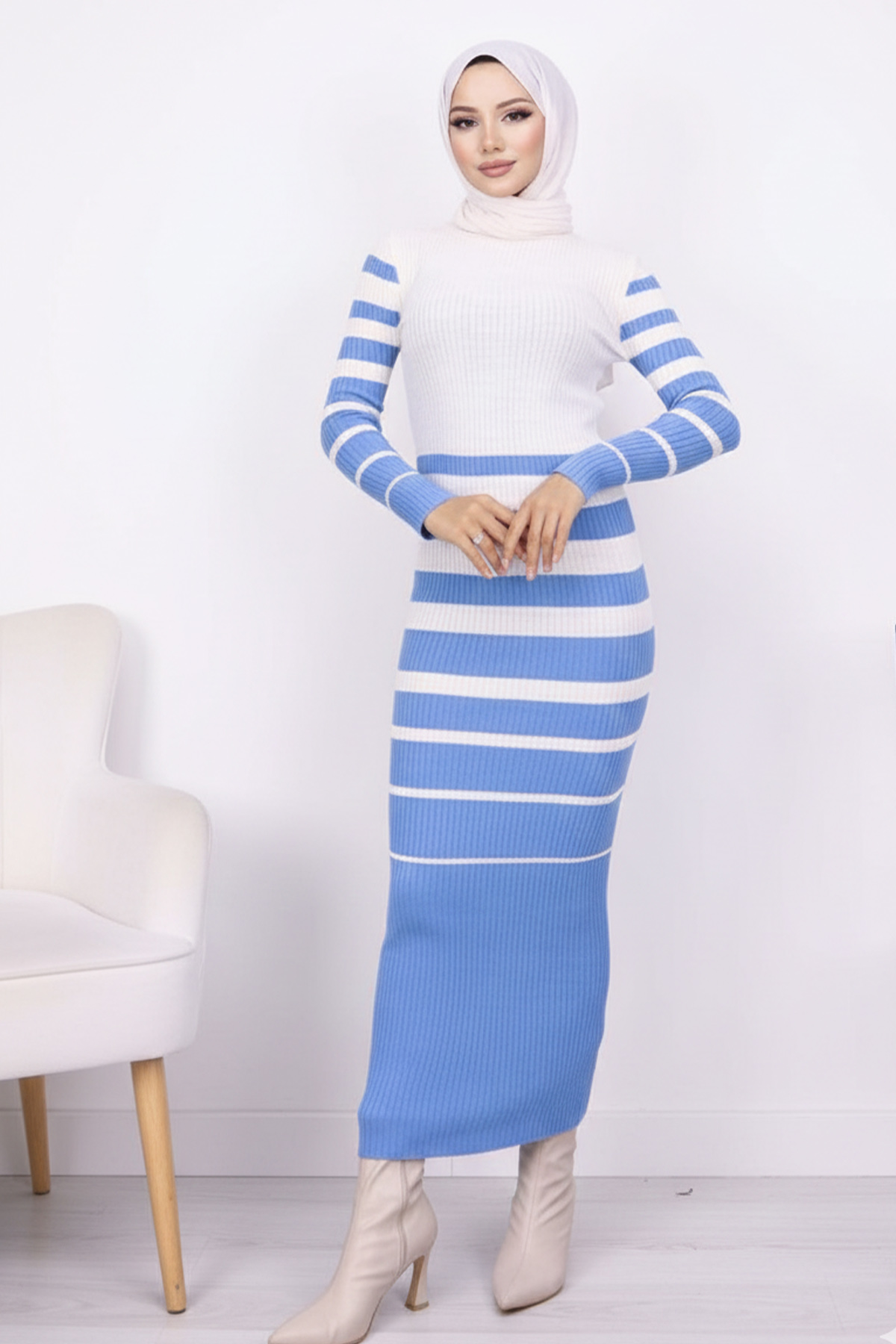  Balıkçı Yaka Triko Elbise Mavi 6041