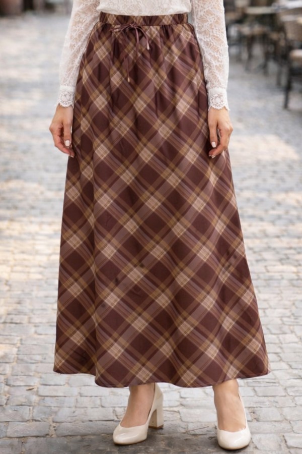 Beli Lastikli Ekose Etek A60684 Kahverengi Beli Lastikli Ekose Etek A60684 Kahverengi