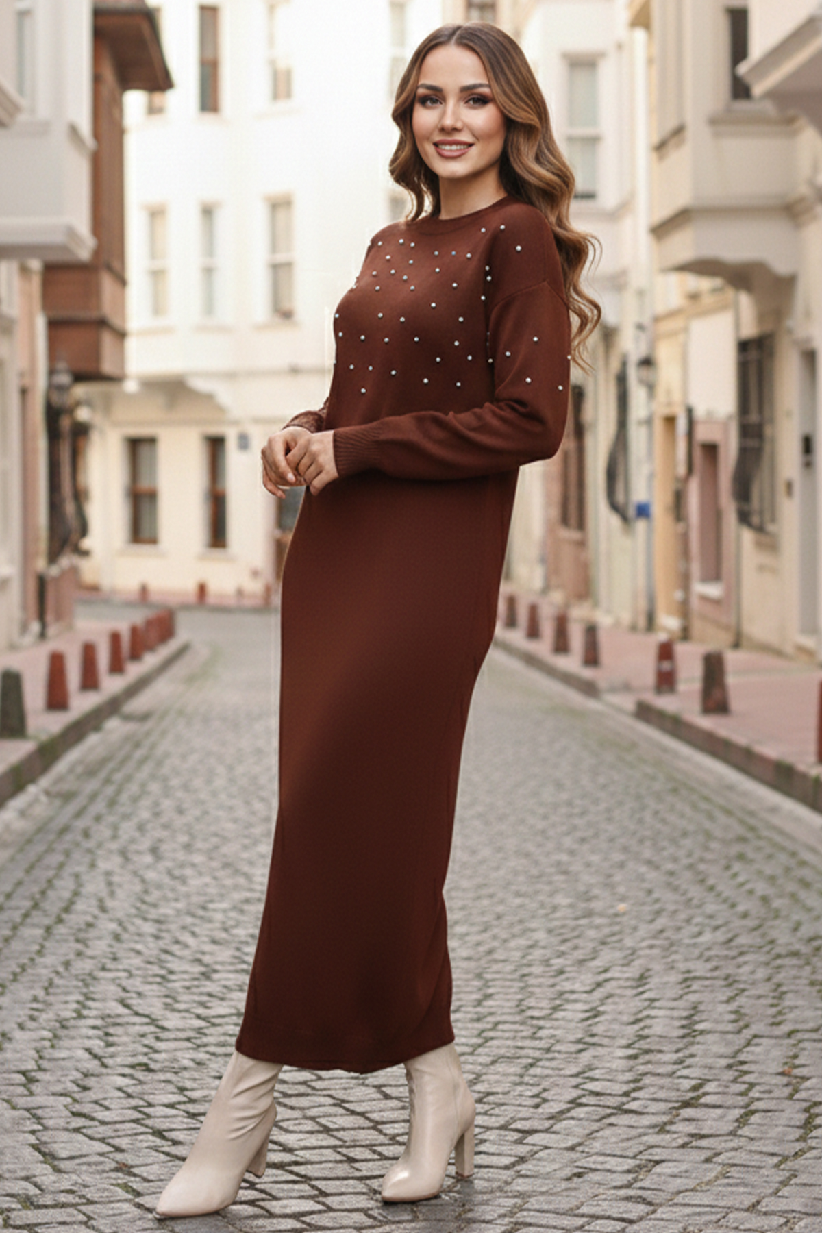  İnci Detaylı Triko Elbise Kahverengi 6079