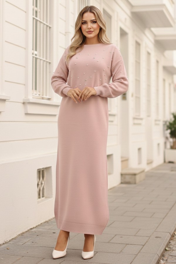  İnci Detaylı Triko Elbise Pudra 6079
