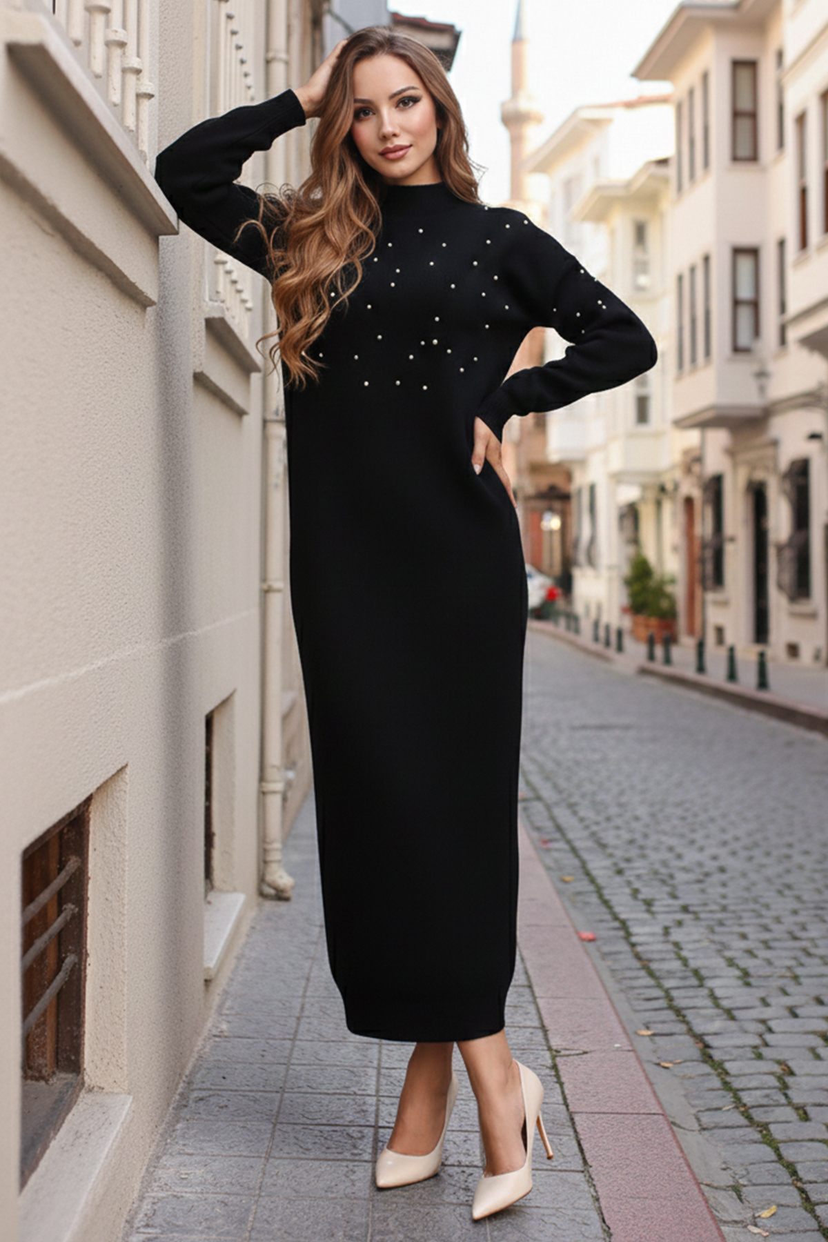  İnci Detaylı Triko Elbise Siyah 6079