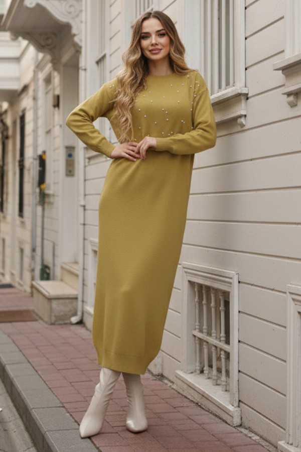  İnci Detaylı Triko Elbise Yağ Yeşili 6079