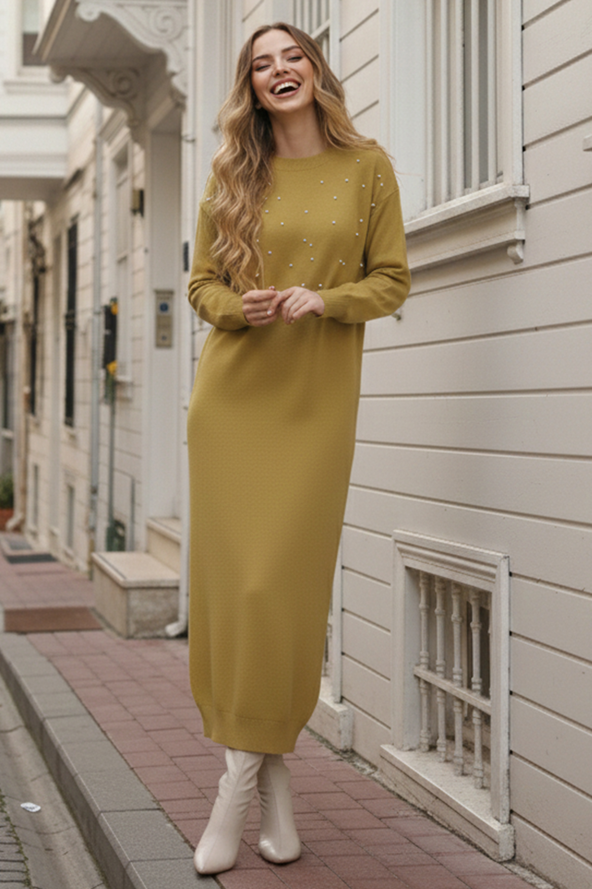 İnci Detaylı Triko Elbise Yağ Yeşili 6079 İnci Detaylı Triko Elbise Yağ Yeşili 6079