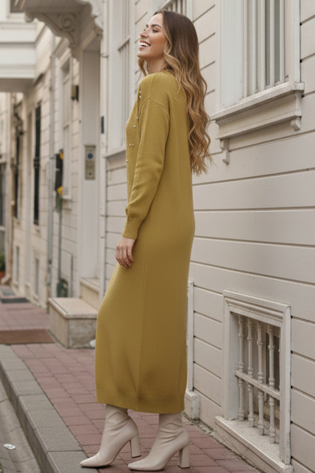 İnci Detaylı Triko Elbise Yağ Yeşili 6079 İnci Detaylı Triko Elbise Yağ Yeşili 6079