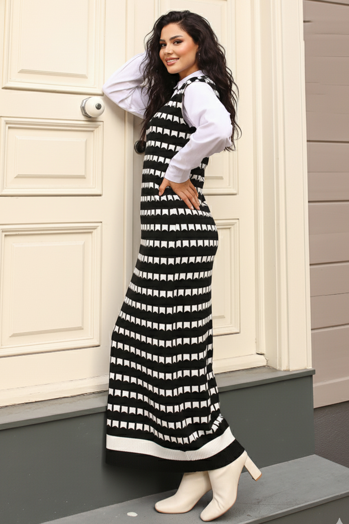  Desenli  Süveter Elbise Siyah 6084