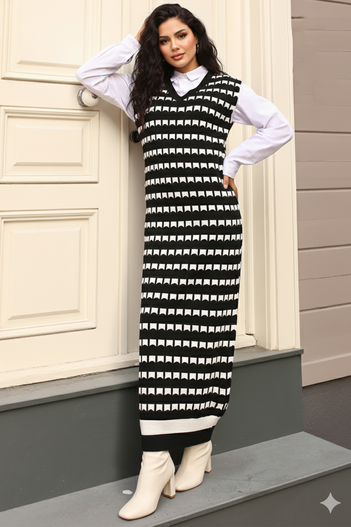  Desenli  Süveter Elbise Siyah 6084