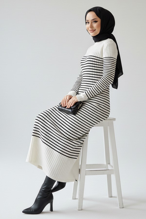  Balıkçı Yaka Çizgili Elbise Ekru 6104