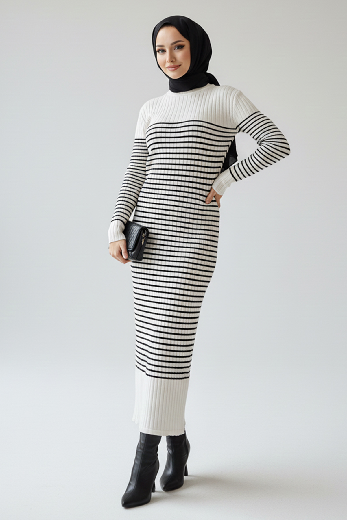  Balıkçı Yaka Çizgili Elbise Ekru 6104