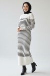  Balıkçı Yaka Çizgili Elbise Ekru 6104