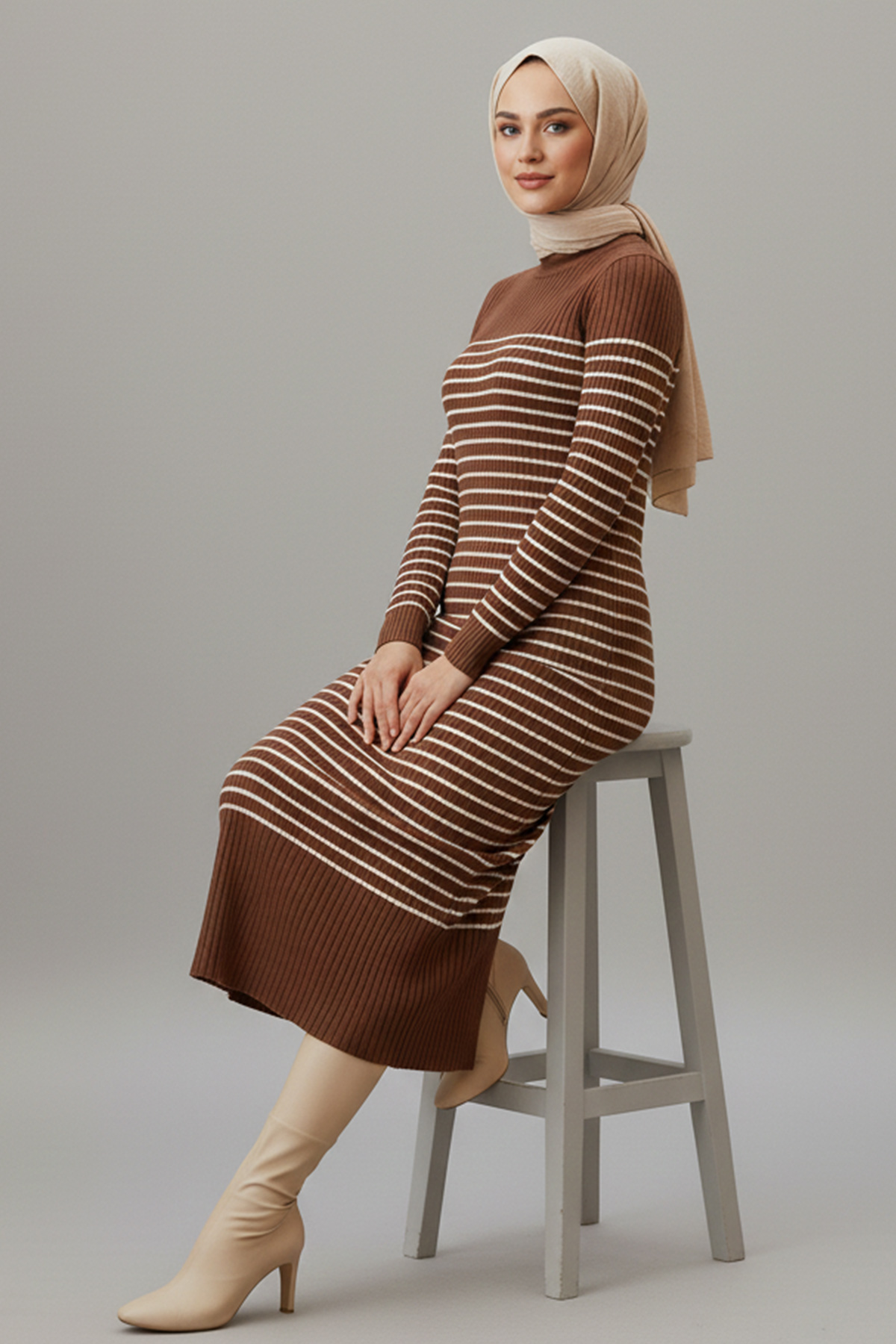  Balıkçı Yaka Çizgili Elbise Kahverengi 6104