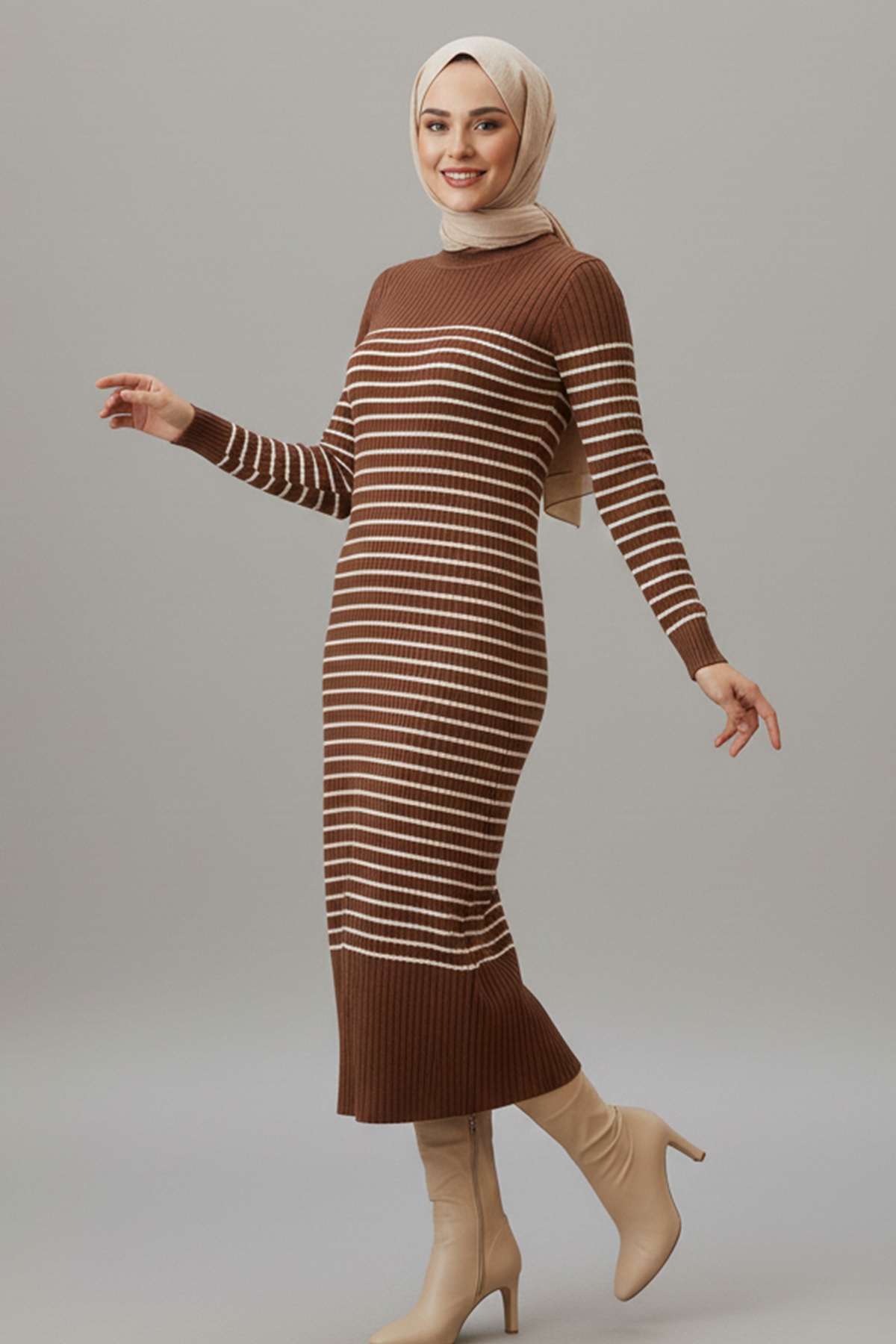  Balıkçı Yaka Çizgili Elbise Kahverengi 6104