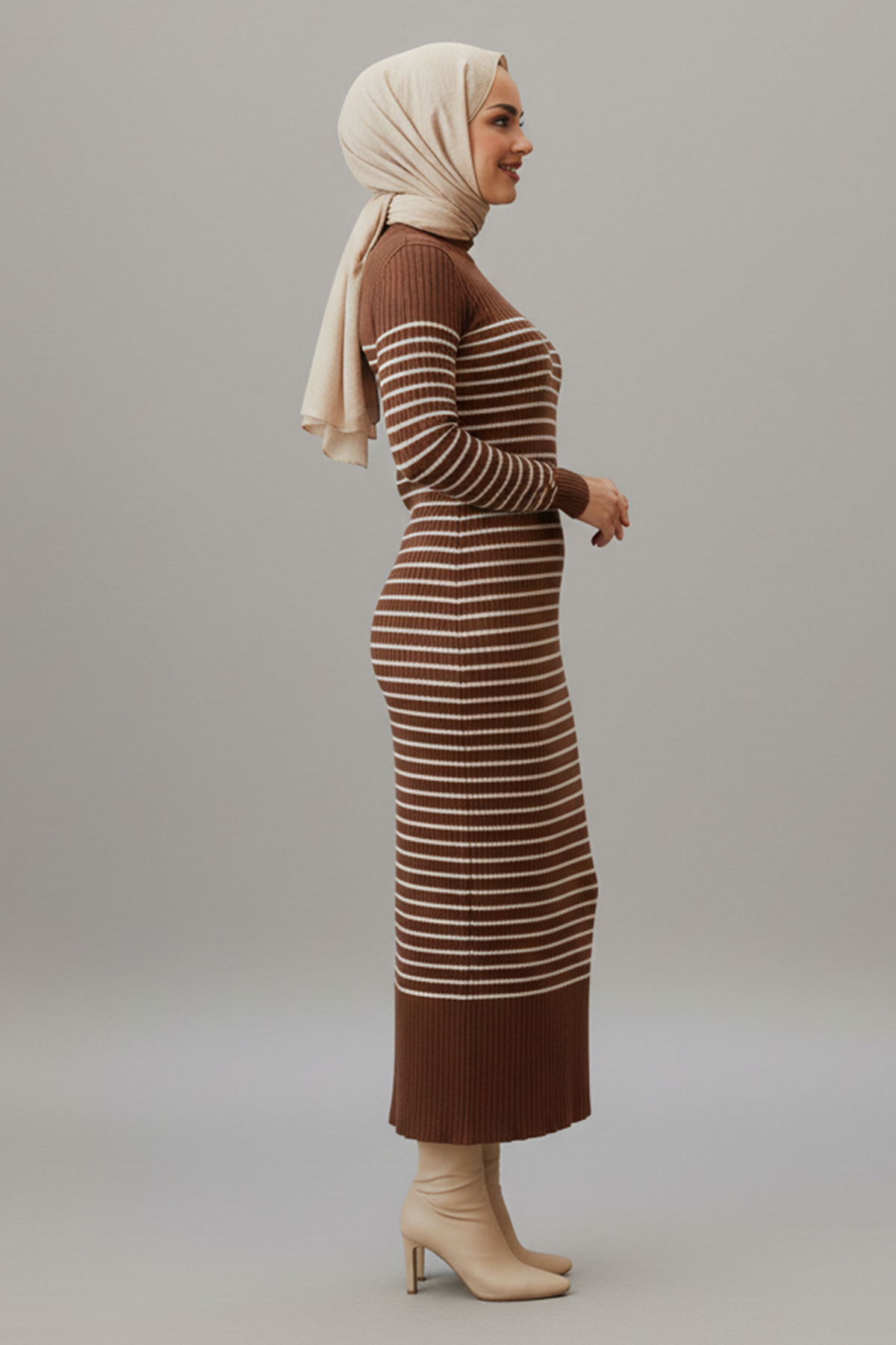  Balıkçı Yaka Çizgili Elbise Kahverengi 6104