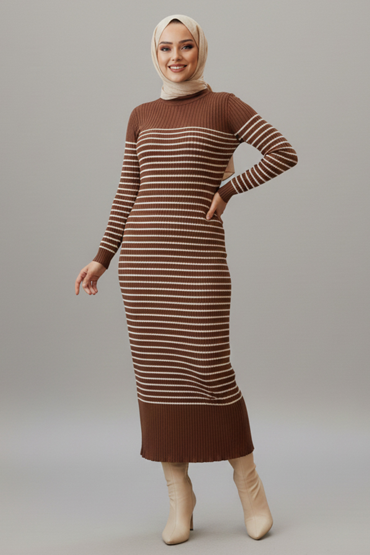  Balıkçı Yaka Çizgili Elbise Kahverengi 6104