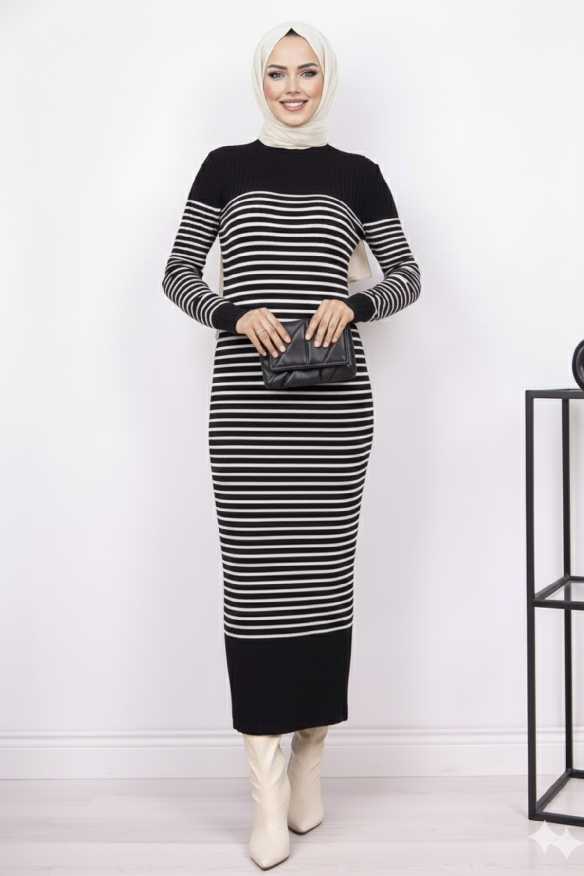 Balıkçı Yaka Çizgili Elbise Siyah 6104