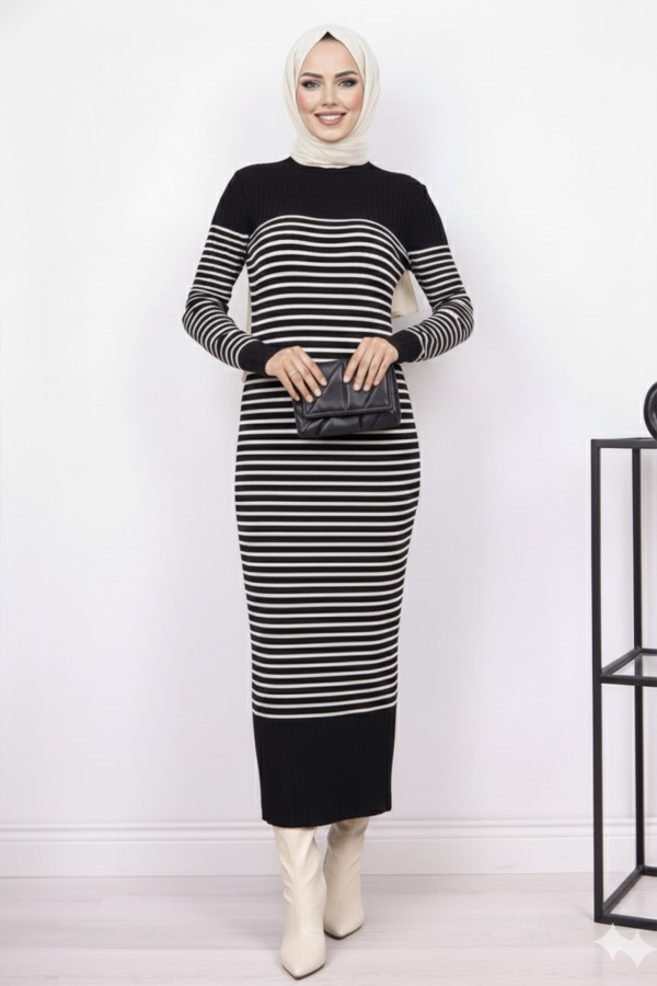  Balıkçı Yaka Çizgili Elbise Siyah 6104