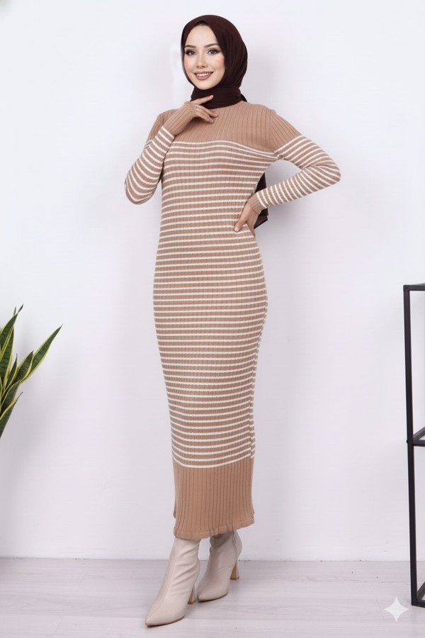  Balıkçı Yaka Çizgili Elbise Vizon 6104