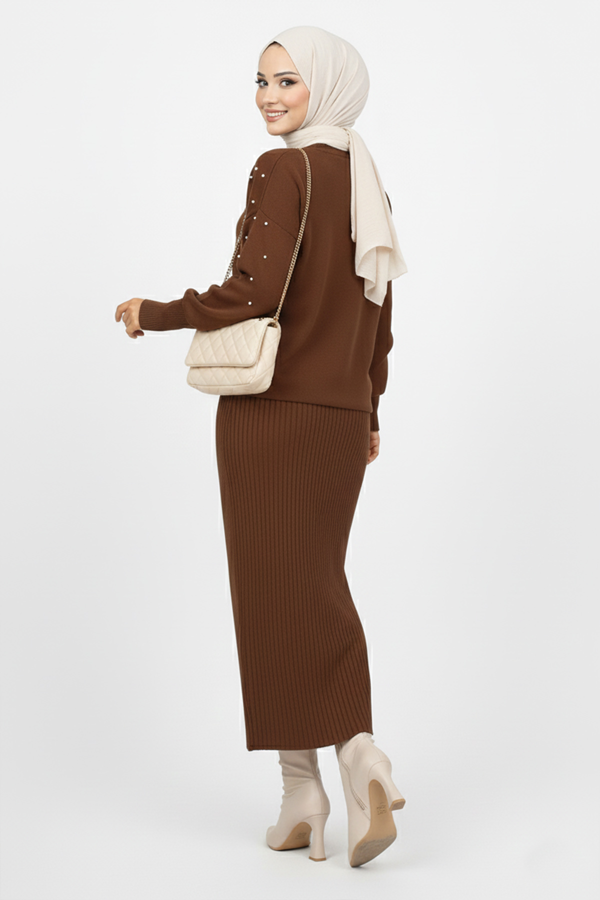  İnci Detaylı Jile Triko Takım Kahverengi 6109