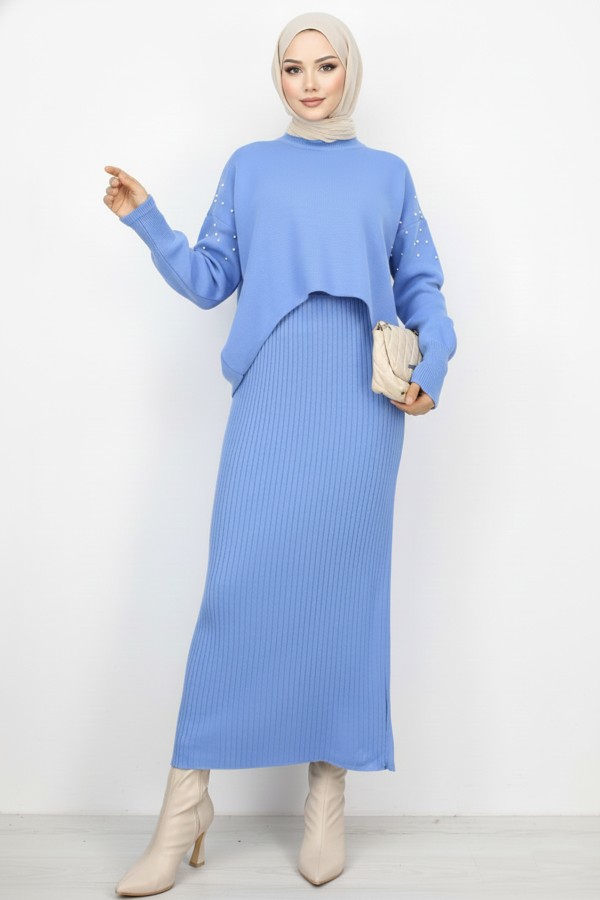  İnci Detaylı Jile Triko Takım Mavi 6109