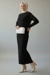 İnci Detaylı Jile Triko Takım Siyah 6109