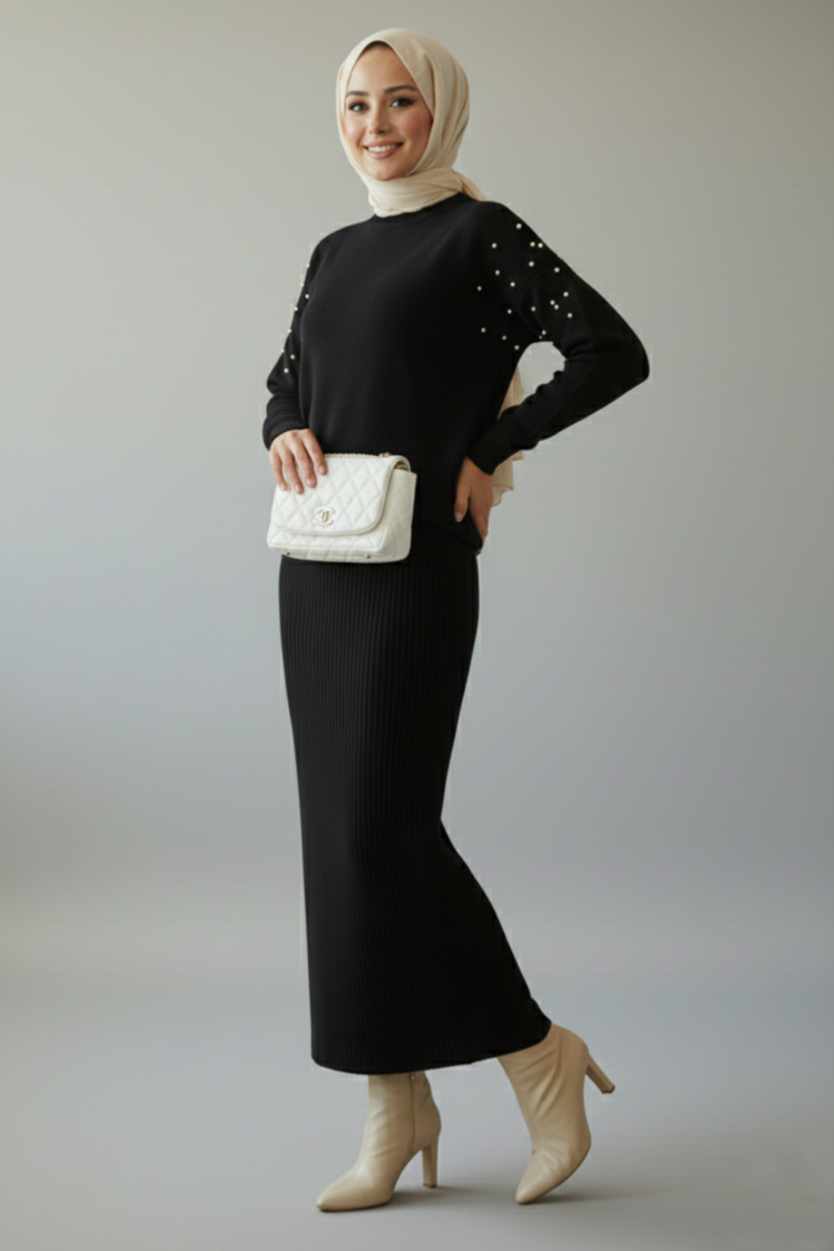  İnci Detaylı Jile Triko Takım Siyah 6109