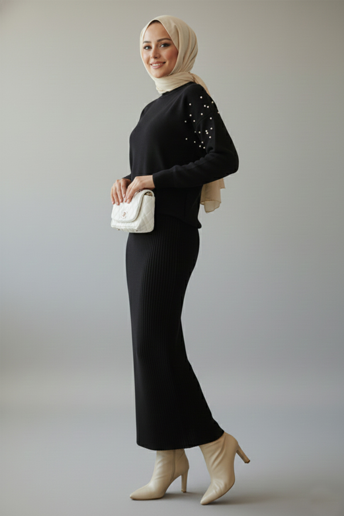  İnci Detaylı Jile Triko Takım Siyah 6109