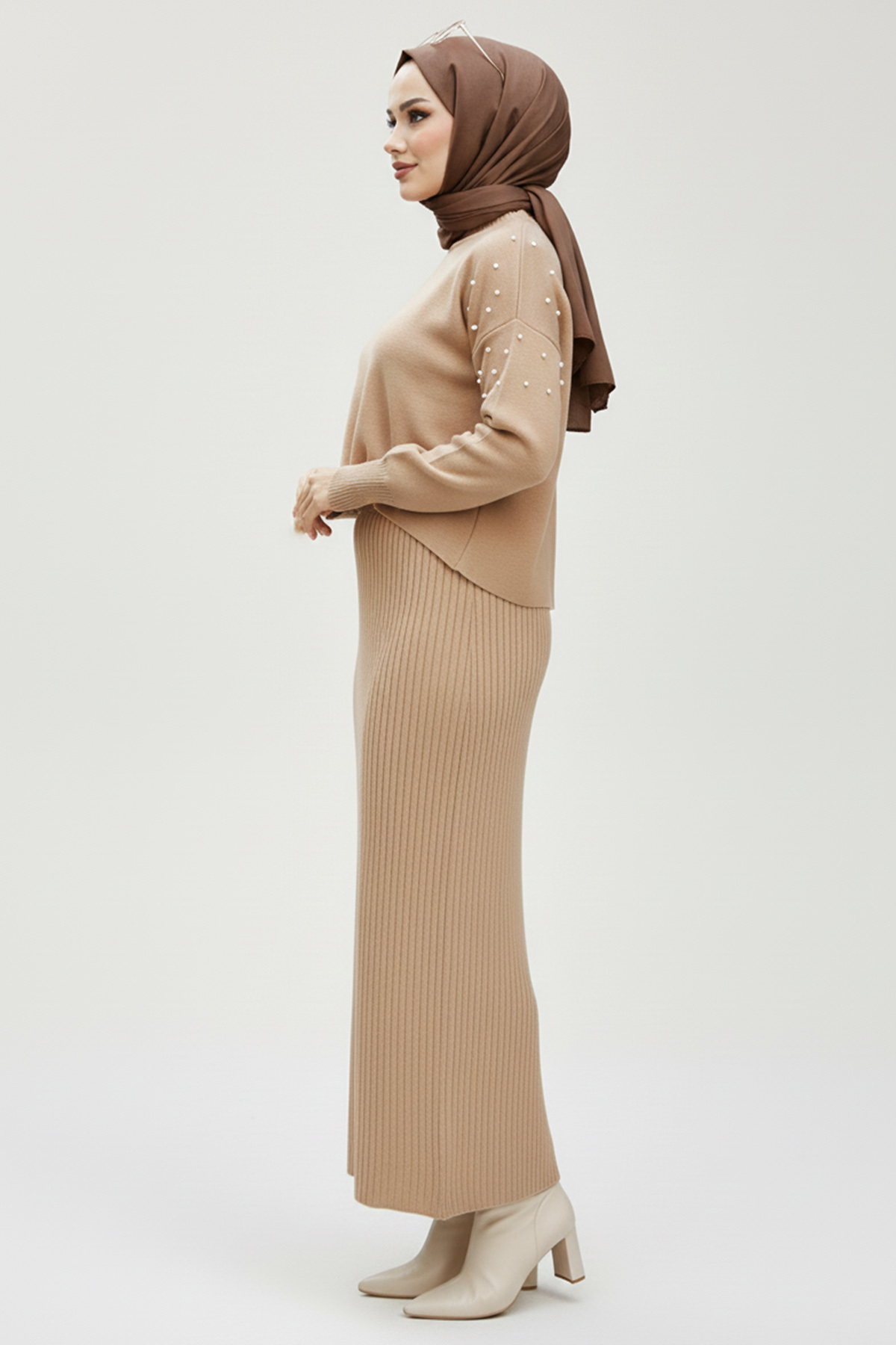  İnci Detaylı Jile Triko Takım Vizon 6109