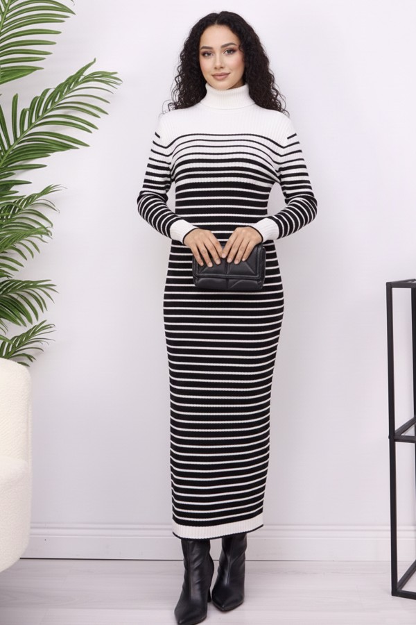  Balıkçı Yaka Çizgili Triko Elbise Ekru 6143